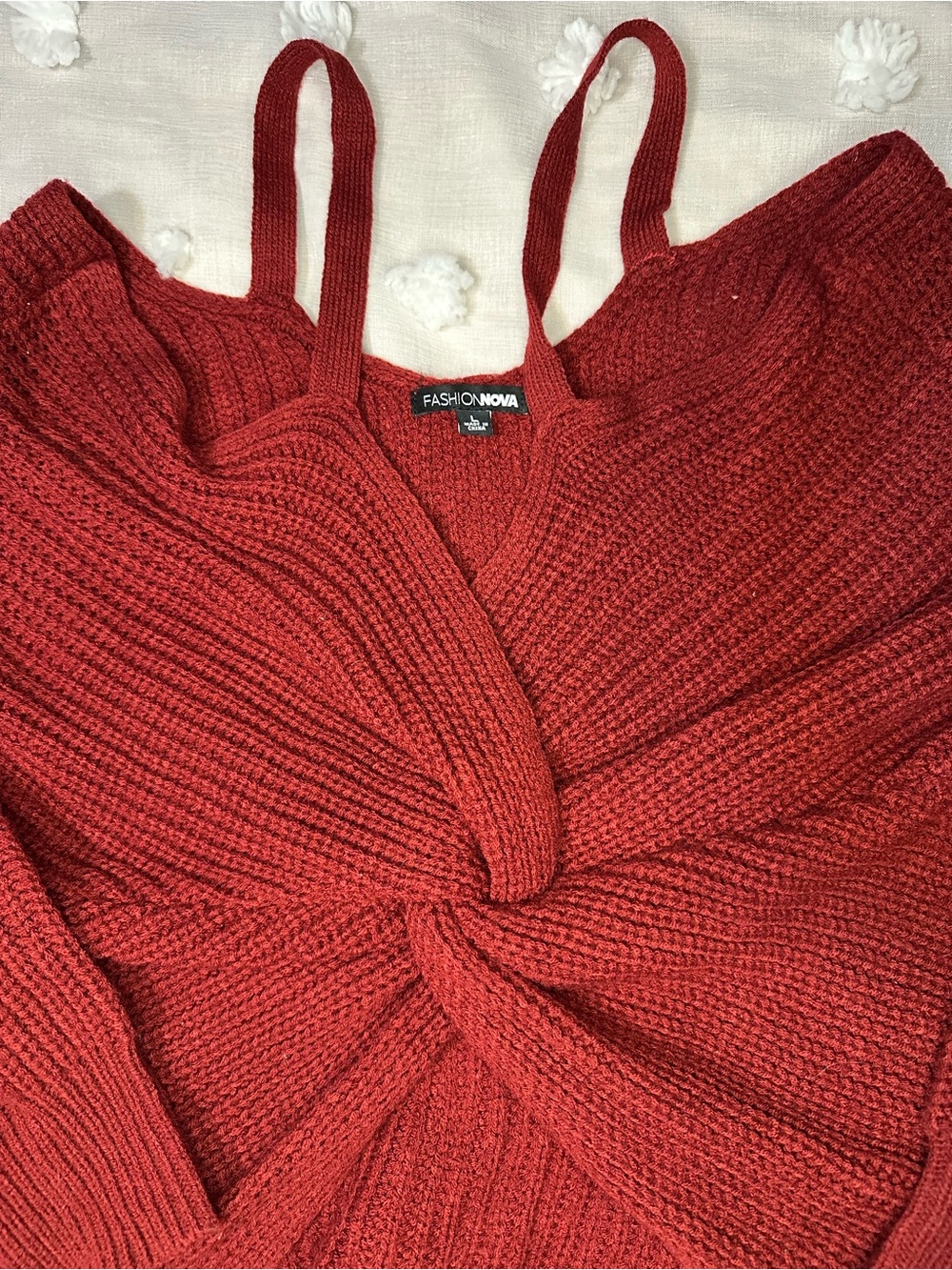 Fashion Nova Red Off-Shoulder Twist-Knit Sweater
